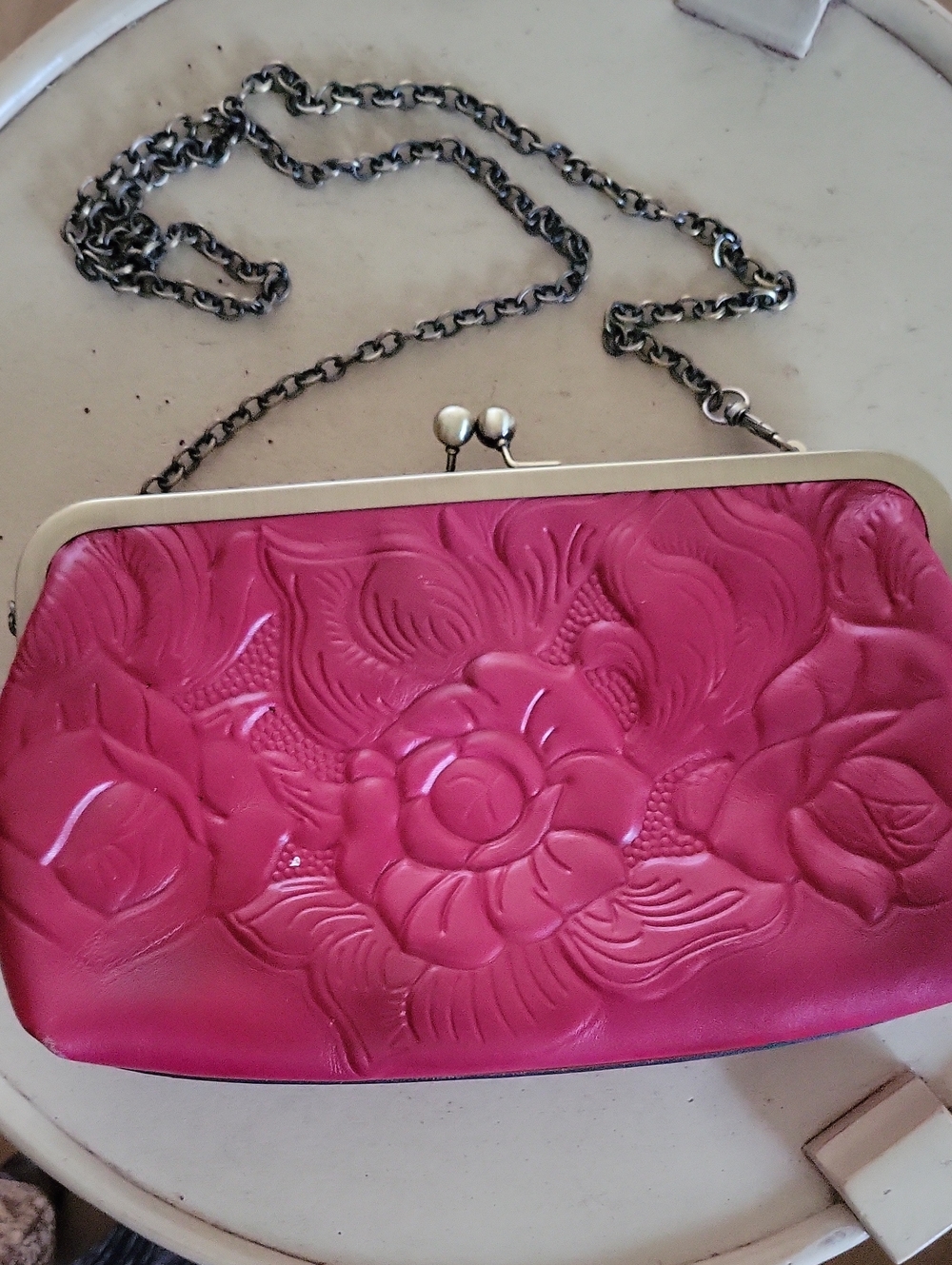 Patricia Nash Fuscia Embossed Floral Frame-Top Crossbody Bag